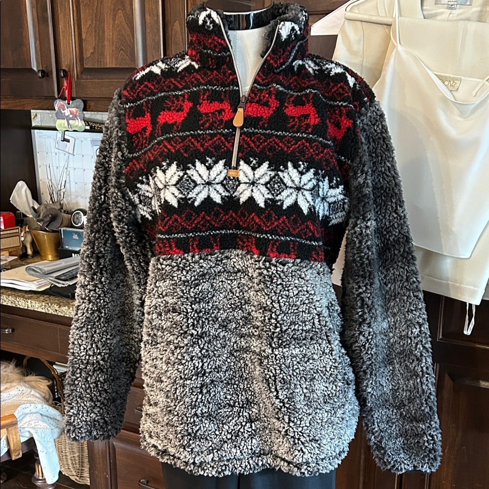 Simply Southern Tried & True Sz M Cozy Gray and Red Quarter Zip Sherpa Sweater